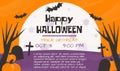 Halloween party invitation, poster, greeting or post card, banner, background. Dark forest, cemetery, dry trees, buts, big moon,