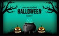 Halloween party invitation with pumpkin jack o lantern with green potion in the pot