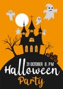 Halloween party invitation with scary pumpkins and ghost, castle or moon. Happy Halloween holiday. Poster or web banner with scary Royalty Free Stock Photo