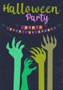 Halloween party invitation with scary pumpkins and zombie hands. Happy Halloween holiday. Poster or banner and web banner with Royalty Free Stock Photo