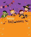 Halloween party invitation template card with kids in Halloween costumes.