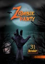 Halloween party invitation template vertical background. Zombie hand rising from the grave. Graveyard with tombstones and moon In Royalty Free Stock Photo