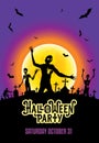 Halloween party invitation template with zombies, bats and the shining moon on the cemetery.