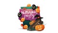 Halloween party, invitation vertical card in cartoon style with Halloween balloons, wooden sign, witch hat and pumpkin Jack