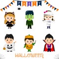 Halloween party kids character set. Children in a colorful Halloween costumes a black cat, a monster, a mummy, a ghost, a pumpkin,