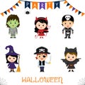 Halloween party kids character set. Children in a colorful Halloween costumes zombie, devil, skeleton, witch, broom, pirate, saber