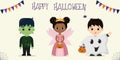 Halloween party kids characters set. Children in colorful Halloween costumes fairy princess, monster frankenstein and Royalty Free Stock Photo