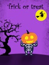 Halloween party for kids. A Children wearing pumpkin head Halloween costumes Under Under the moonlight on a purple background at