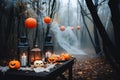 Halloween Party - Lanterns And Garlands on a table. Ai generative Royalty Free Stock Photo