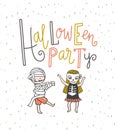 Halloween party lettering greeting card. Vector holiday background. Hand drawn stylish illustration. Royalty Free Stock Photo