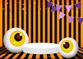 Halloween party. Monster eyeballs decorated with white pedestal scene for Product, Advertising, Show, and decorated with flag..