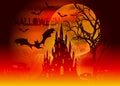 Halloween party, Mystic vector illustration, dark background on a spooky full moon with silhouettes of characters and scary bats