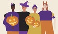 Halloween party, people in halloween costumes, flat vector stock illustration with halloween night celebration