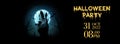 Halloween party poster . dark castle in front of full moon with scary . banner . linkedin cover, Facebook cover, instagram post