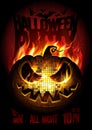 Halloween party poster design concept with burning angry pumpkin, fire flame