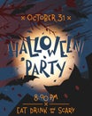 Halloween party poster with grunge background,flying bats,full moon and dead trees Royalty Free Stock Photo