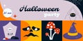 Halloween party poster with holiday symbols, witch hat, spider, web, poison mushrooms, tomb, scary face Royalty Free Stock Photo