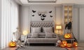 Halloween party poster in a modern classic haunted house bedroom with jack-o\'-lantern pumpkins.
