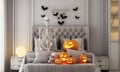 Halloween party poster in a modern classic haunted house bedroom with jack-o\'-lantern pumpkins. Royalty Free Stock Photo