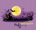 Halloween Party poster with a moon, haunted house, cemetery, pumpkins and a flying witch Royalty Free Stock Photo