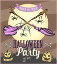 Halloween Party poster with pumpkins and moon with brooms. Vector illustration.