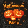 Halloween party poster with three smiling pumpkins and glowing f Royalty Free Stock Photo