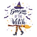 Halloween party poster with witchcraft and witch hat. Halloween poster or invitation card with witch broom and hat vector Royalty Free Stock Photo