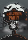 Halloween Party poster with zombie hand, beer bottle, haunted house, bats and full moon. Halloween background. Vector illustration Royalty Free Stock Photo