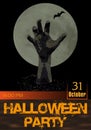 Halloween party poster. Zombie hand rising from the grave against the moon. Party invitation template vertical background. Vector Royalty Free Stock Photo