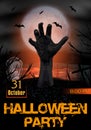 Halloween party poster. Zombie hand rising from the grave. Party invitation template vertical background. Graveyard with Royalty Free Stock Photo