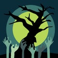 Halloween party poster with zombie s hand and tree. landscape at night. Flat cartoon Royalty Free Stock Photo