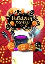 Halloween party, red invitation poster with guitars, microphone, witch`s cauldron, pumpkins and Halloween balloons