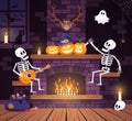 Halloween party room with pumpkins and skeletons