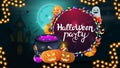 Halloween party, round invitation banner with witch`s pot and pumpkin Jack