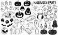 Halloween party set. Doodle Pumpkin gravestone headstone Celtic cross bat skull spider web cauldron of potion ghost. Hand drawn