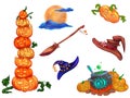 Halloween party set with pumpkins,moon,broom and hats