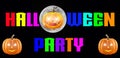 Halloween Party - A spooky Halloween Party banner with a scary vampire pumpkin with glowing eyes, in front of the moon Royalty Free Stock Photo