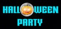 Halloween Party - A spooky Halloween Party banner with a scary vampire pumpkin with glowing eyes, in front of the moon Royalty Free Stock Photo