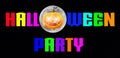 Halloween Party - A spooky Halloween Party banner with a scary vampire pumpkin with glowing eyes, in front of the moon Royalty Free Stock Photo