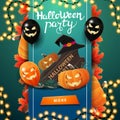 Halloween party, square green invitation banner for web site with button, Halloween balloons, wooden sign, witch hat and pumpkin