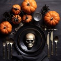 Halloween party table setting flat lay in black Generative AI