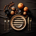 Halloween party table setting flat lay in black Generative AI