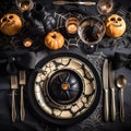 Halloween party table setting flat lay in black Generative AI