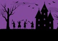 Halloween party template. Halloween coven. Witches dance with brooms