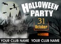Halloween Party Template Invitation Or Poster And Banner With Gothic Castle, Flying Young Witch And Full Moon. Vector