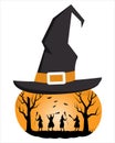 Halloween party template. Witches dance with brooms. Halloween coven