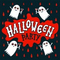Halloween party text banner. handwritten letters of bones on blood stain. Happy halloween inscription on dark background