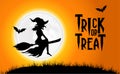 Halloween party trick or treat event celebration banner poster with illustration of flying wizard on the scary orange night