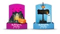 Halloween party, two greetings vertical cards with pumpkin Jack, witch`s potion and Scarecrow.