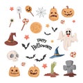 Halloween party vector flat cartoon illustration. Ghost, witch hat, bats, skull, zombie hand, and pumpkin heads